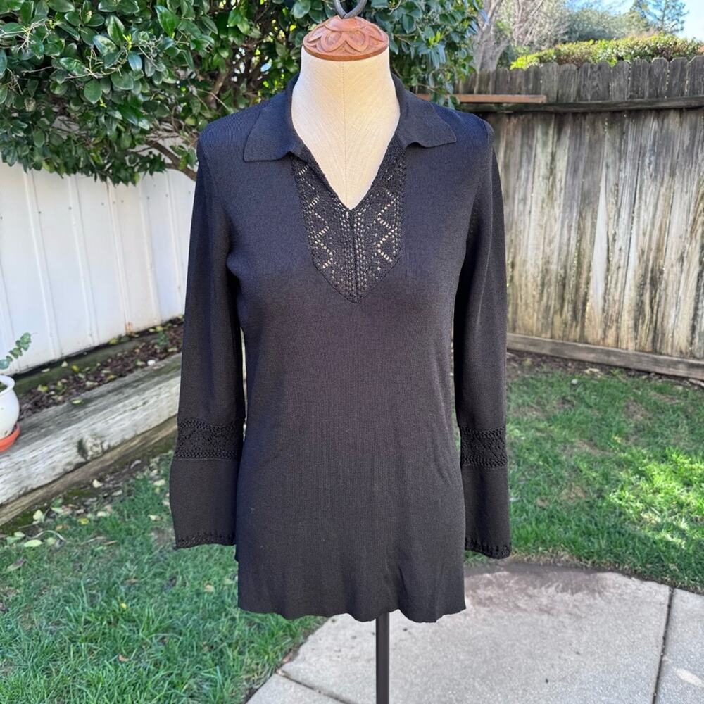 Worthington Black Crochet Long Sleeve Tunic Blouse Top Women’s Size Small